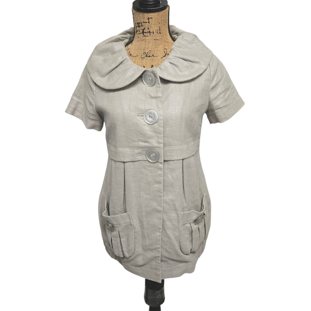 Ivy Jane Short Sleeve Jacket Ramie Ruffle Collar Bubble Hem XS‎ Khaki Shimmer
